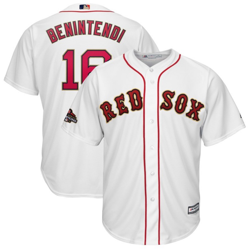 Men's Boston Red Sox #16 Andrew Benintendi Majestic White 2019 Gold Program Cool Base Stitched MLB Jersey